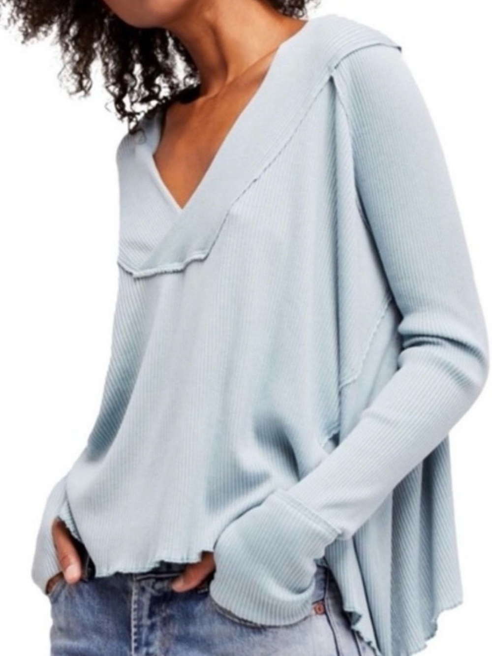 Free People Women’s plunging v-neck top, blue, small